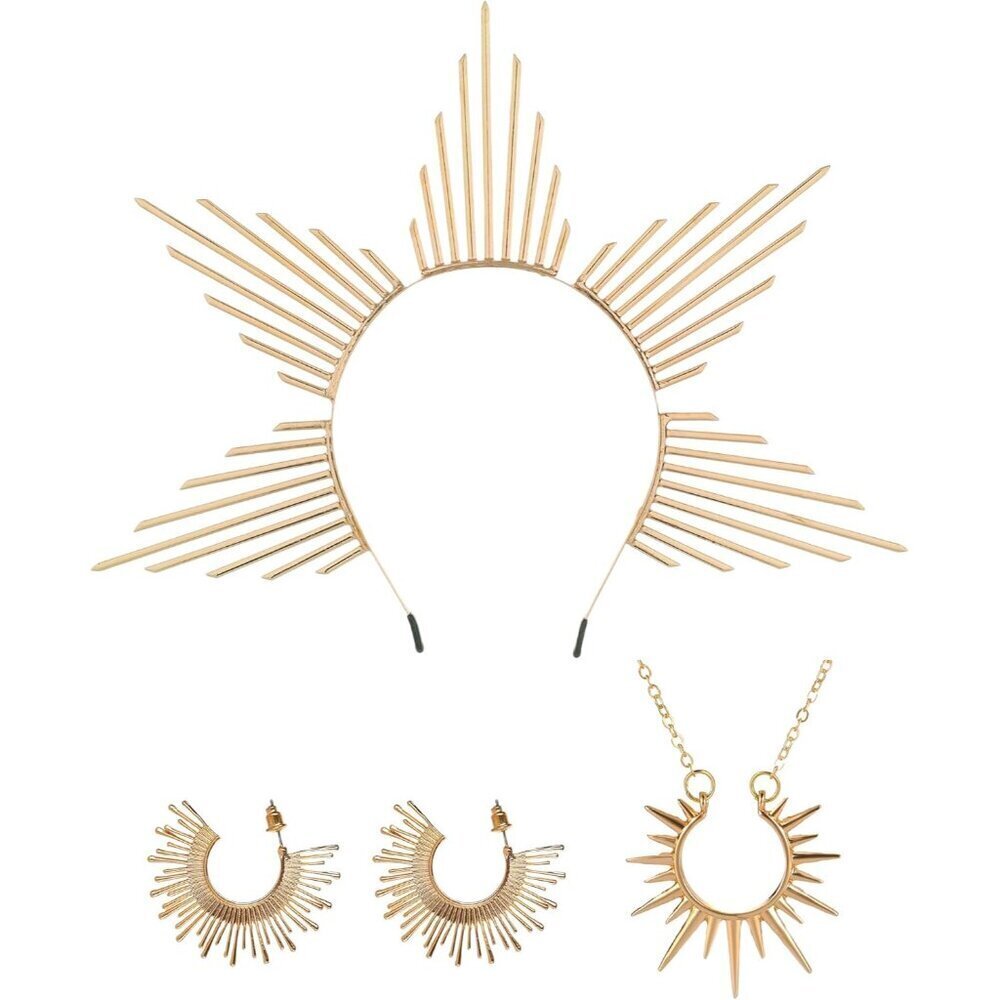 Goddess Costume Accessories Set Gold Sunburst Halo Crown Earrings Necklace Women